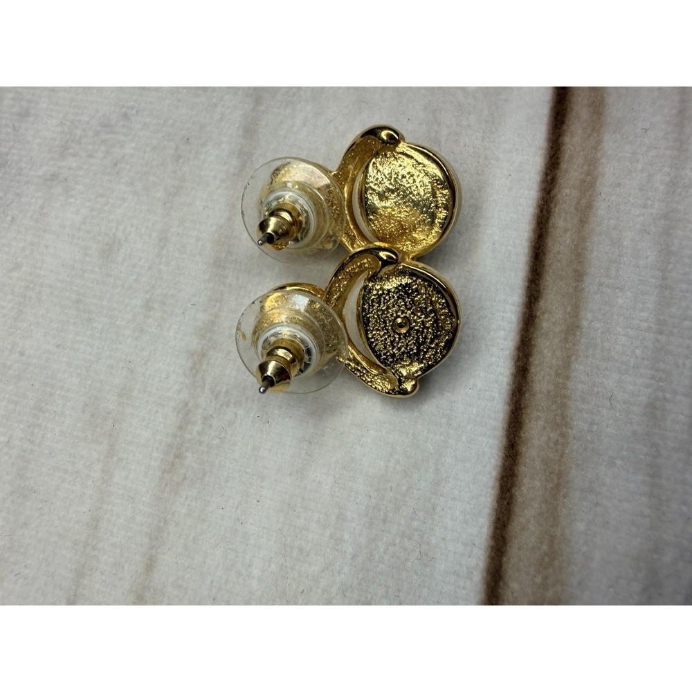 Vintage Gold Tone Faux Pearl Rhinestone Swirl Statement Stud Earrings Elegant - Picture 4 of 4